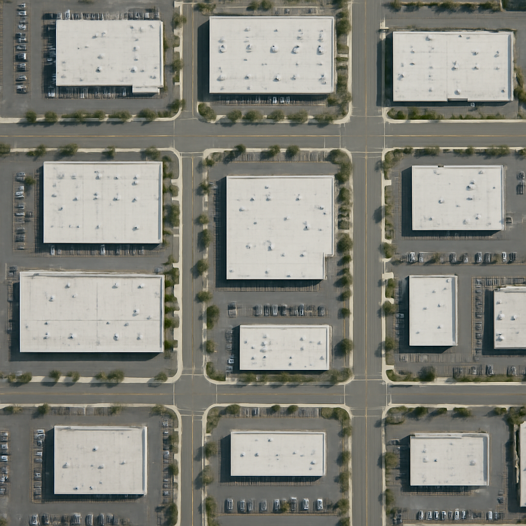 Aerial satellite view of commercial rooftops in an industrial district